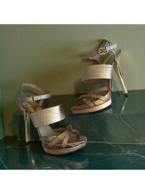 MICHAEL KORS Gold Metallic Leather Platform Sandals Heels Size 8.5